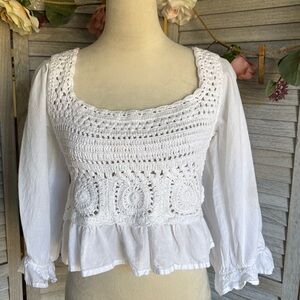 REBELLION Women’s SZ XL White Crochet Knit 100% Cotton Boho Peasant Crop Top
